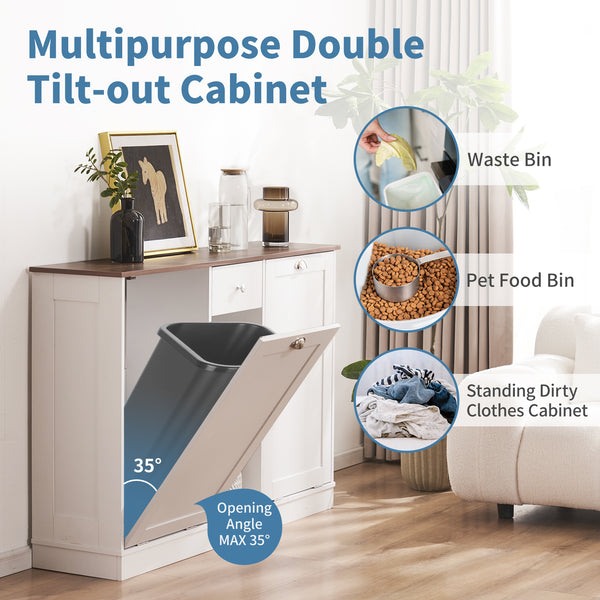 Double Tilt Out Trash Cabinet 20 Gallon, Trash Can Cabinet with Hideaway Drawer, Freestanding Trash Cabinet with 2 Storage Areas for Kitchen Living Room, Bathroom, Laundry