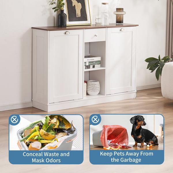 Double Tilt Out Trash Cabinet 20 Gallon, Trash Can Cabinet with Hideaway Drawer, Freestanding Trash Cabinet with 2 Storage Areas for Kitchen Living Room, Bathroom, Laundry