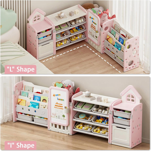 Kids Toy Storage Organizer with 10 Removable Bins, Foldable Toy Organizers and Storage with 3-Tier Bookshelf for Kids Toy Storage Organizer with Drawing Board, Extra 3 Brushes