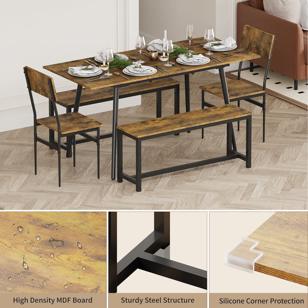 63 inch Extendable Dining Table Set for 4-6, 5-Piece Kitchen Table Set for 6 People with 2 Chairs and 2 Benches, MDF Board Kitchen Table and Chairs for Home, Apartment - Rustic Brown
