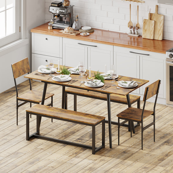 63 inch Extendable Dining Table Set for 4-6, 5-Piece Kitchen Table Set for 6 People with 2 Chairs and 2 Benches, MDF Board Kitchen Table and Chairs for Home, Apartment - Rustic Brown