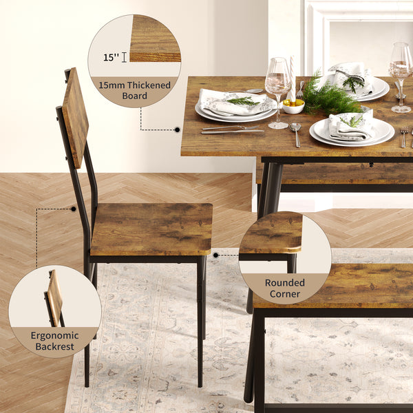 63 inch Extendable Dining Table Set for 4-6, 5-Piece Kitchen Table Set for 6 People with 2 Chairs and 2 Benches, MDF Board Kitchen Table and Chairs for Home, Apartment - Rustic Brown