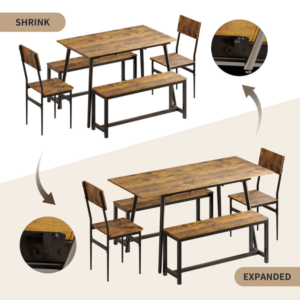 63 inch Extendable Dining Table Set for 4-6, 5-Piece Kitchen Table Set for 6 People with 2 Chairs and 2 Benches, MDF Board Kitchen Table and Chairs for Home, Apartment - Rustic Brown
