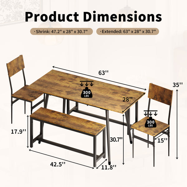 63 inch Extendable Dining Table Set for 4-6, 5-Piece Kitchen Table Set for 6 People with 2 Chairs and 2 Benches, MDF Board Kitchen Table and Chairs for Home, Apartment - Rustic Brown