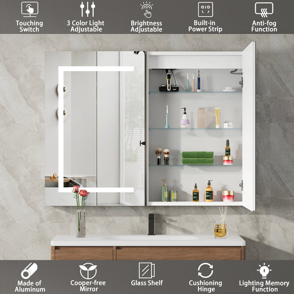Aluminum Medicine Cabinet , Wall Mounted Surface led Medicine Cabinet, Defog, Stepless Dimming, 3 Color Change, 2 Outlets, 2USB for Bathroom