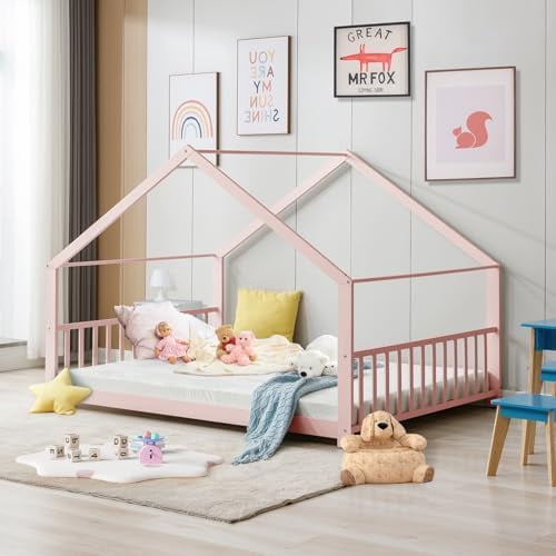 Twin Size Wood Floor Bed, Twin Size Low House Playhouse Bed with Headboard and Footboard, Toddler Floor Bed Frame for Boys, Girls, Easy Assembly, No Box Spring Needed