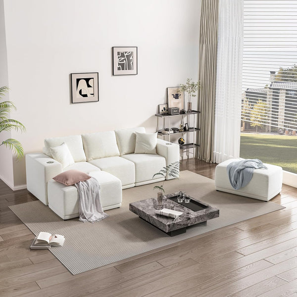 Akaber 101" Modular Sectional Sofa with L-Shape Chaise, 3-Seater Comfy Cloud Couch with Movable Ottoman, Deep Seat Couches for Living Room with Throw Pillows, White