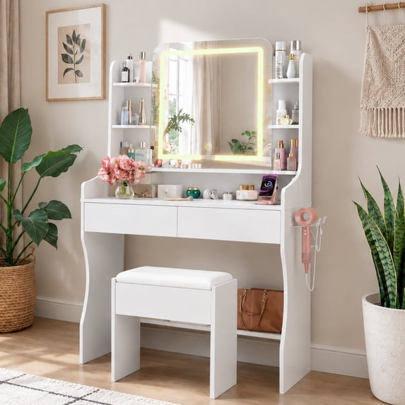 Small Vanity Set with Chair, Glass Top, Smart RGB Drawer, App and Remote Control, Music Sync Lights, 3-Color LED Mirror, Built-in Outlet and Hair Dryer Holder for Girls