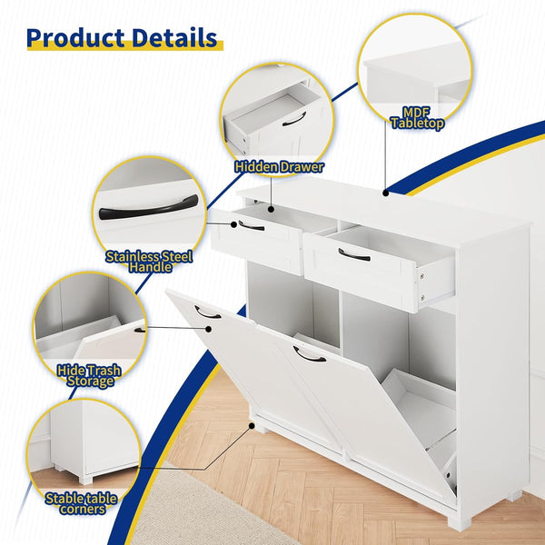 10 Gallon Double Tilt Out Trash Cabinet, ICEELF Kitchen Trash Can Cabinet, Dog Proof Tilt Out Trash Bin Holder, Free Standing Recycling Cabinet with 2 Hideaway Drawers for Kitchen Living Room