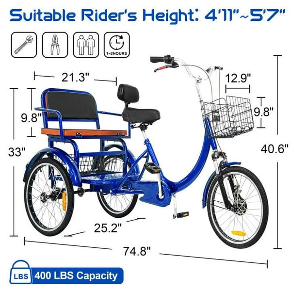 Pipleo 20" Adult Tricycle with Rear Seats, 3-Wheel Bikes, Baskets, for Senior