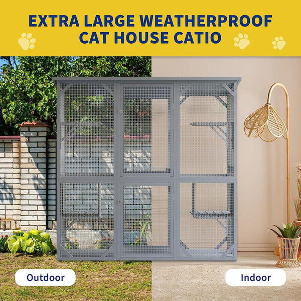 Catio, Extra Large 71'' Outdoor Cat Enclosure with 6 Platforms, Outdoor Cat House with Fir Wood, Weatherproof Kitty Catio with 2 Resting Box