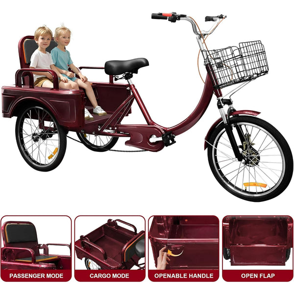 Pipleo Adult Tricycle, 20 Inch 3-Wheel Bikes Carrying Passengers and Cargo, Trike for Adults with Front Baskets for Women, Seniors, Men, Low Step-Through Cruiser Bike for Cycling, Outing, Picnic