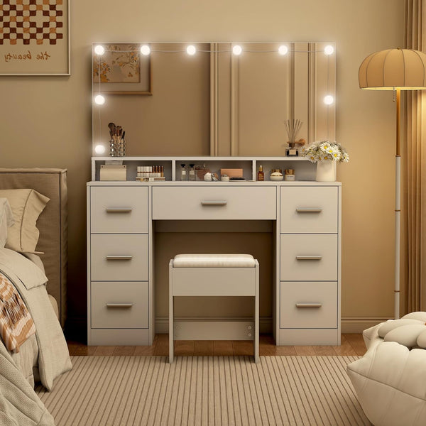 Vanity Desk with Mirror and Lights, 46.5'' White Vanity with Power Outlet & 7 Drawer, 3 Color Lighting Modes, Bedroom Vanity Desk for Girls, Women, Bedroom Vanity Desk
