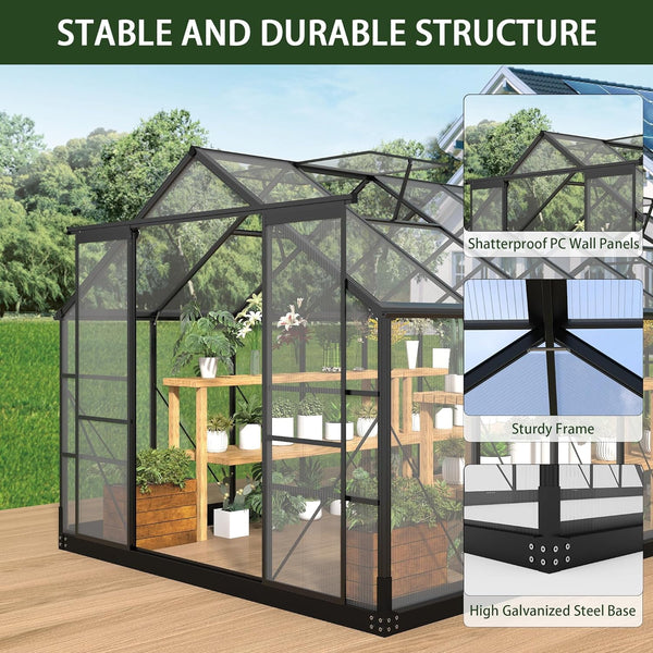 Pipleo 8x14.2 FT Outdoor Greenhouse, Heavy Duty Walk-In Green House with Polycarbonate Panels, UV Protection & Windproof Aluminum Frame, 2 Adjustable Roof Vent with Sliding Door