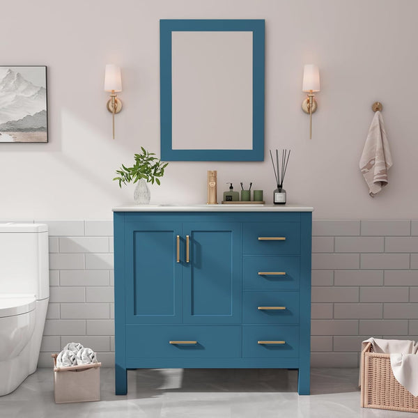 36" Bathroom Vanity with Sink, Linor Modern Bathroom Cabinet Set with Countertop and Ceramic Sink, Mirror, Soft-Close Doors and 5 Drawers, Blue