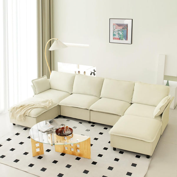 Akaber 130" U-Shaped Cloud Sectional Sofa, Modular Velvet Convertible Sofa Bed with Storage, Plush Living Room Couch(Beige)