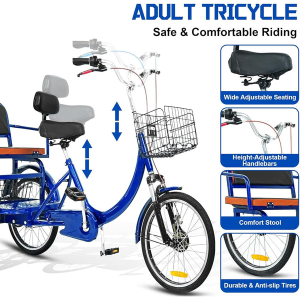 Pipleo 20" Adult Tricycle with Rear Seats, 3-Wheel Bikes, Baskets, for Senior
