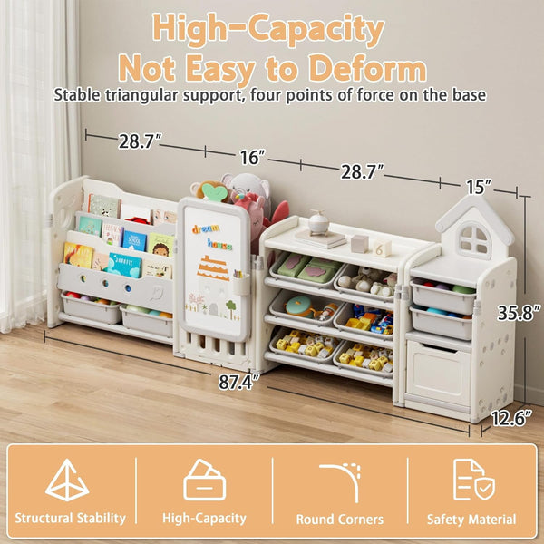 Kids Toy Storage Organizer with 10 Removable Bins, Foldable Toy Organizers and Storage with 3-Tier Bookshelf for Kids Toy Storage Organizer with Drawing Board