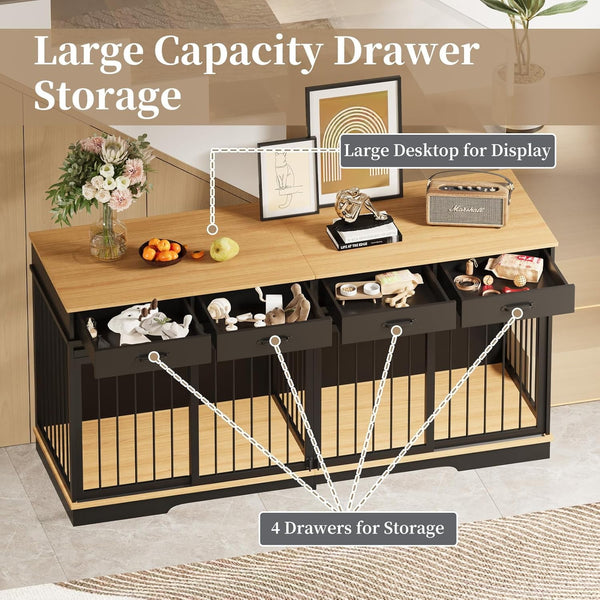 71" Extra Large Dog Crate Furniture, ICEELF Steel Frame Dog Crates with 4 Drawers, Divider, Sliding Barn Door for Small Medium Large Dogs, Indoor Luxury Double Dog Kennel Furniture for 2 Dogs