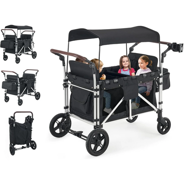 Stroller Wagon for 4 Kids, 4 seater wagon stroller, stroller wagon with canopy(Black)