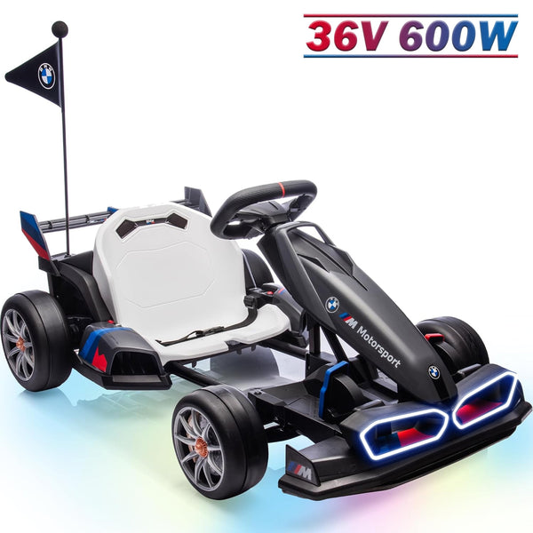 36V 9AH Electric Go Kart for Kids 6-12, Licensed BMW Drift Kart Ride on Toys, Dual 300W Motors, Adjustable Seat, Drift Mode, 2 Speed, LED Lights
