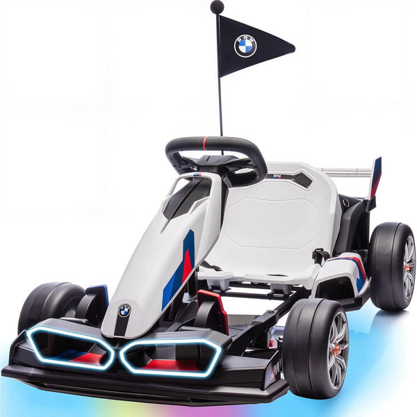 36V 9AH Electric Go Kart with Adjustable Seat,Licensed BMW 7.5 MPH Drift Kart for Kids Age 6-12, 2 * 300W Motors, Drift Mode and 2 Speed, White