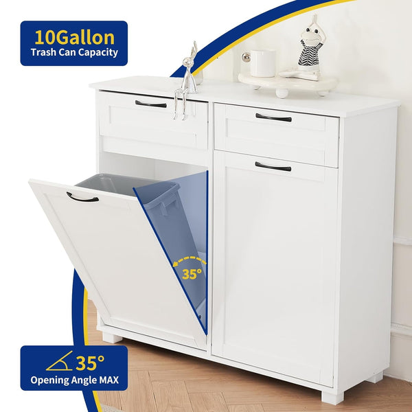 10 Gallon Double Tilt Out Trash Cabinet, ICEELF Kitchen Trash Can Cabinet, Dog Proof Tilt Out Trash Bin Holder, Free Standing Recycling Cabinet with 2 Hideaway Drawers for Kitchen Living Room