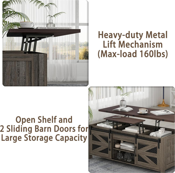 47.2" Lift Top Coffee Table, 4 in 1 Farmhouse Coffee Table with Sliding Barn Door, Coffee Tables for Living Room, Dining Room