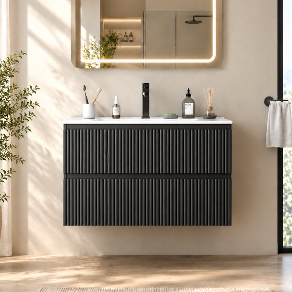 NEORIVER 24" Floating Bathroom Vanity with Ceramic Sink, Wall Mounted Modern Vanity with 2 Drawers, White Fluted Sink Cabinet for Small Bathrooms