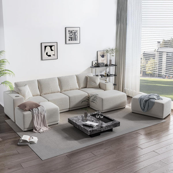 Akaber 130" Modular Sectional Sofa with U-Shape Chaise, 4-Seater Comfy Cloud Couch with Movable Ottoman, Deep Seat Couches for Living Room with Throw Pillows, Beige Grey