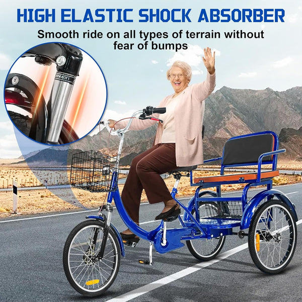 Pipleo 20" Adult Tricycle with Rear Seats, 3-Wheel Bikes, Baskets, for Senior