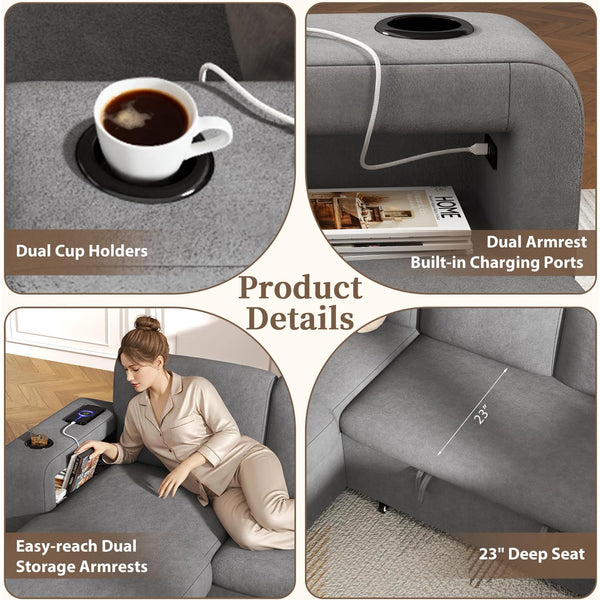 Pipleo 2 Seats Sectional Sleeper Sofa with Pull Out Couch Bed, Modular Cloud Couch with Dual Arm Storage, USB Charging and Adjustable Backrest Sofa
