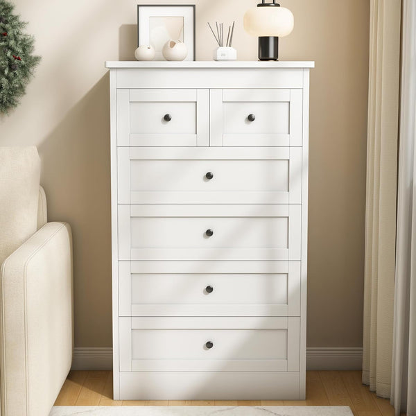 Pipleo White Dresser Tall 6 Drawer Dresser for Bedroom, 43.3" Modern Farmhouse Wood Chest of Drawers, Storage Organizer with Smooth Metal Rails & Anti-Tip Kit for Hallway, Closet, Living Room