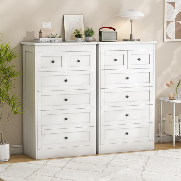 Akaber 6 Drawer Dresser for Bedroom, White Modern 43.3'' Tall Wood Dresser with Anti-Tip Kit, Storage Organizer