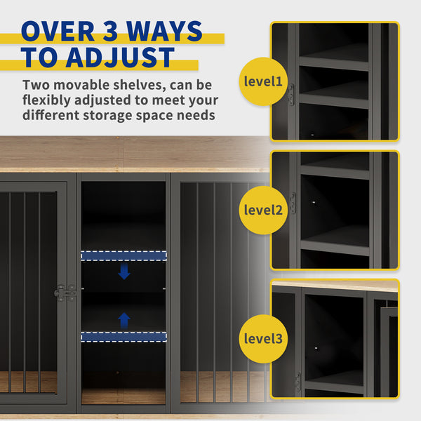 Large Dog Crate Furniture for 2 Dogs, 79.5'' Indoor Dog Kennel with Adjustable Shelves, All Steel Frame Heavy Duty Dog Crate with Wood Top, Double Dog Cage for Small Medium Large Dogs