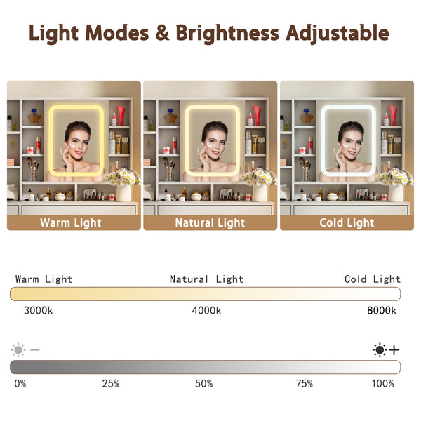 Makeup Vanity Desk with Lights and Mirror, 38.6" Modern White Vanity with 3 Drawers, 3 Color Lighting Mode, Bedroom Vanity Desk for Women, Girls