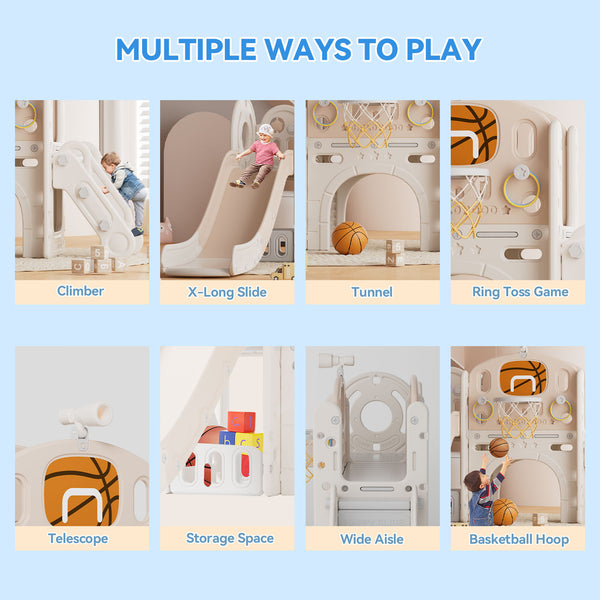 Toddler Slide, 8 in 1 Toddler Indoor Outdoor Playset with Slide, Climber, Basketball Hoop and Ball, Tunnel Crawl, Telescope and Storage Space, Kids Playground Sets for Backyards & Indoor