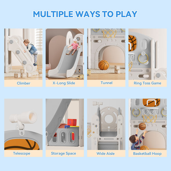 Toddler Slide, 8 in 1 Toddler Indoor Outdoor Playset with Slide, Climber, Basketball Hoop and Ball, Tunnel Crawl, Telescope and Storage Space, Kids Playground Sets for Backyards & Indoor