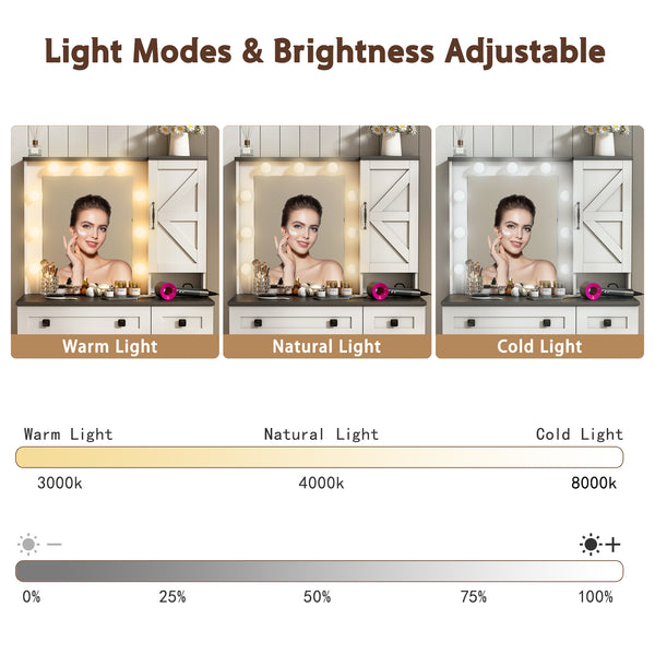 Makeup Vanity Desk with Lights and Mirror, 31.5" Farmhouse White Vanity with 2 Drawers&Power Outlet, 3 Color Lighting Mode, Bedroom Vanity Desk for Women, Girls