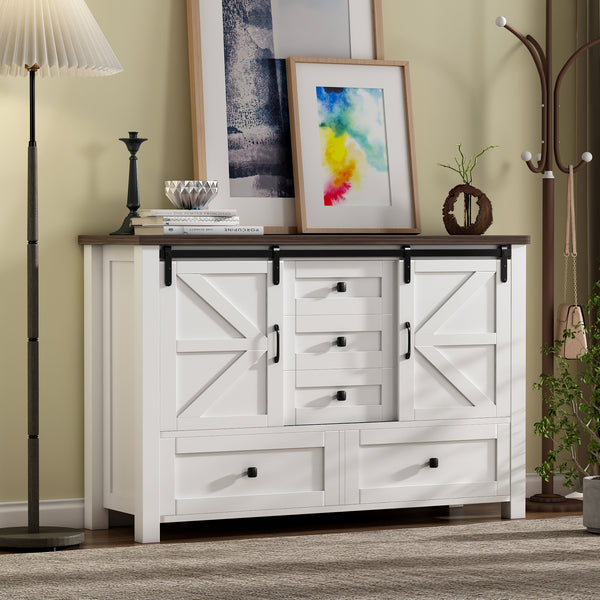 48" Farmhouse w/5 Drawers & 2 Sliding Barn Doors, Dressers& Chests of Drawers, 5 Drawer Dresser TV Stand for Bedroom, Living Room