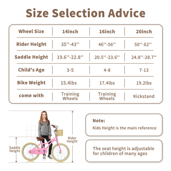 Kids Bike, 14 16 20 inch Girls Bike for 5-14 Girls with Training Wheels, Kickstand, Retro Design Kids' Bicycles with Basket, Girls Bicycle