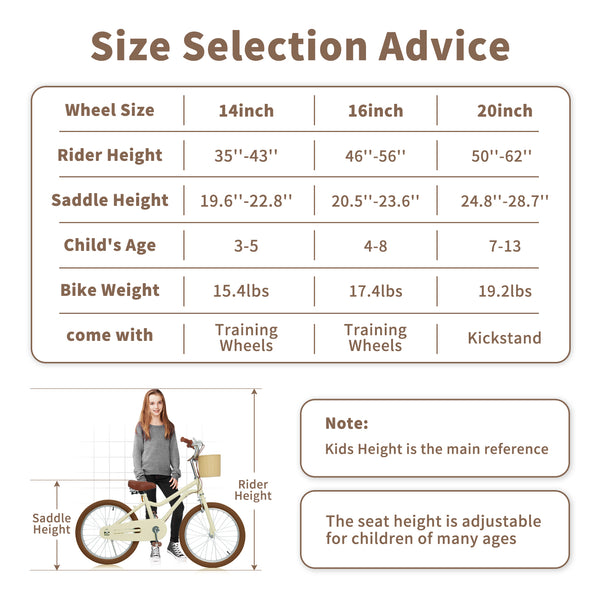 Kids Bike, 14 16 20 inch Girls Bike for 5-14 Girls with Training Wheels, Kickstand, Retro Design Kids' Bicycles with Basket, Girls Bicycle