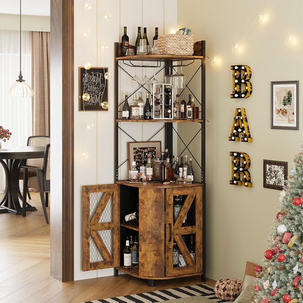 Corner Bar Cabinet with RGB LED Lights and Power Outlet, 63 Inch, 5-Tier Industrial Corner Wine Cabinet with Glass Holder, Corner Liquor Cabinet for Home, Coffee Bar Cabinet
