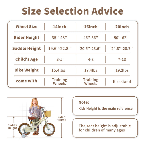 Kids Bike, 14 16 20 inch Girls Bike for 5-14 Girls with Training Wheels, Kickstand, Retro Design Kids' Bicycles with Basket, Girls Bicycle