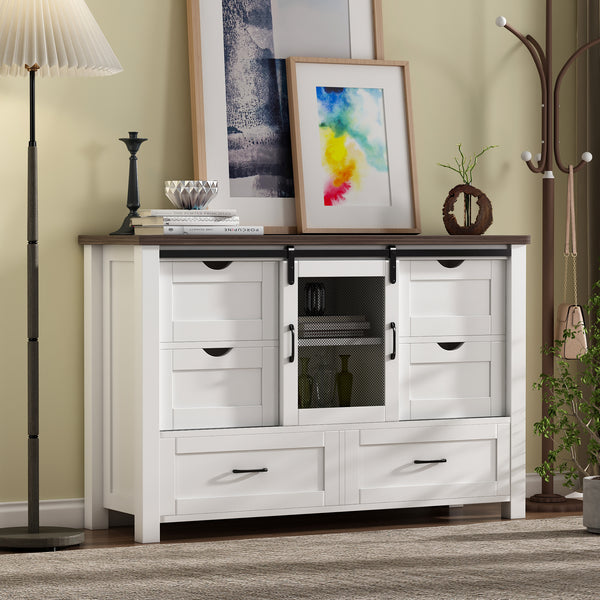 48" Farmhouse w/6 Drawers & Sliding Barn Doors, White Dressers& Chests of Drawers, 6 Drawer Dresser TV Stand for Bedroom, Living Room