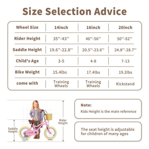 Kids Bike, 14 16 20 inch Girls Bike for 5-14 Girls with Training Wheels, Kickstand, Retro Design Kids' Bicycles with Basket, Girls Bicycle