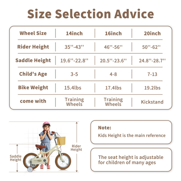 Kids Bike, 14 16 20 inch Girls Bike for 5-14 Girls with Training Wheels, Kickstand, Retro Design Kids' Bicycles with Basket, Girls Bicycle