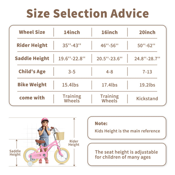 Kids Bike, 14 16 20 inch Girls Bike for 5-14 Girls with Training Wheels, Kickstand, Retro Design Kids' Bicycles with Basket, Girls Bicycle