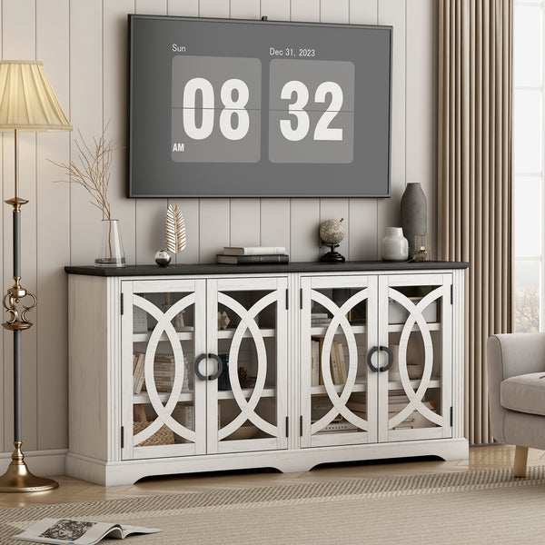 69" Coffee Bar Cabinet, Farmhouse Buffet Cabinet with 4 Glass Barn Doors