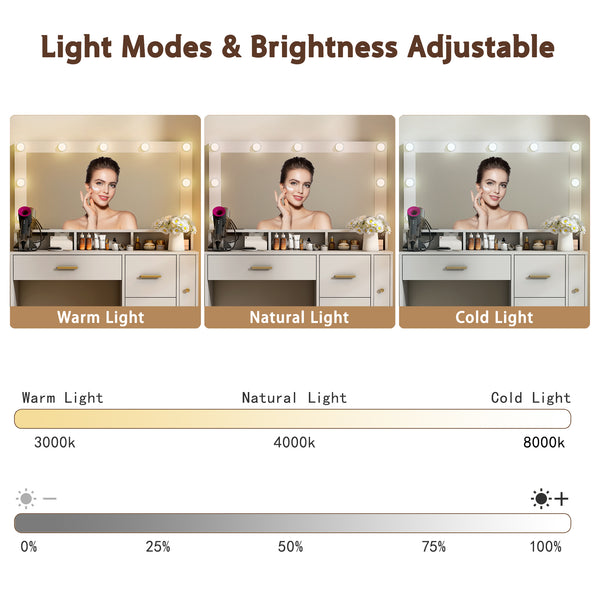 Makeup Vanity Desk with Lights and Mirror, 40.6'' White Vanity with 2 Drawers&Power Outlet, 3 Color Lighting Mode, Sliding Jewelry Storage, Bedroom Vanity Desk for Women, Girls